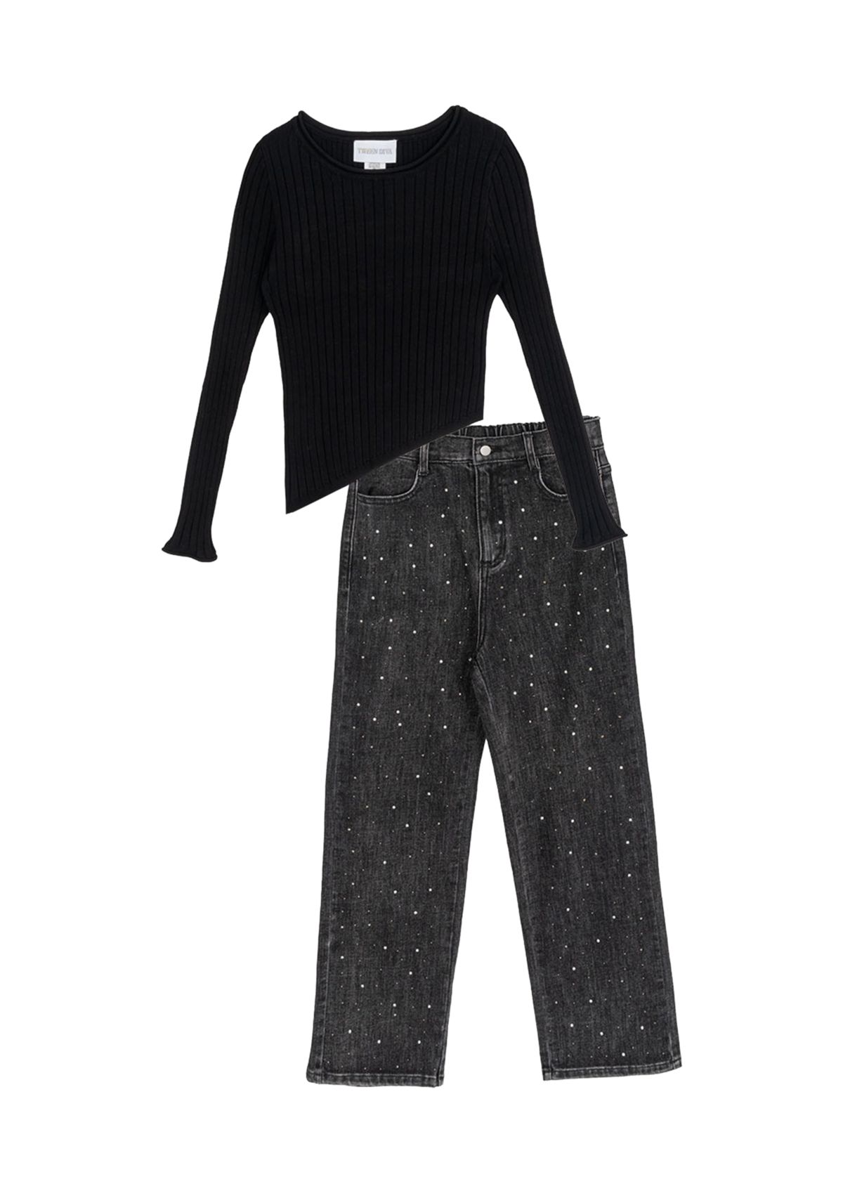 Girls 7-16 Asymmetric Top and Bedazzled Jeans Set