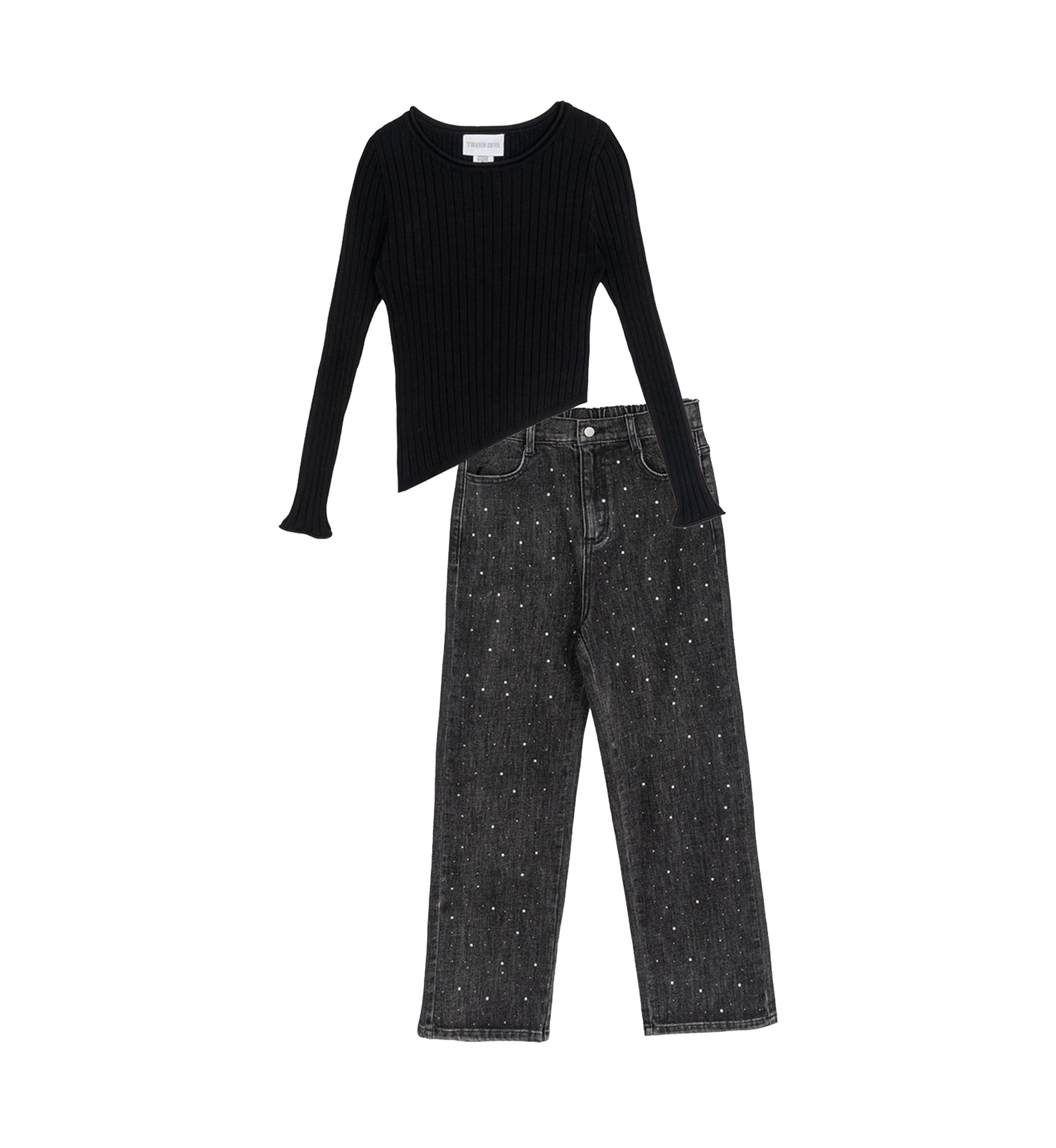 Girls 7-16 Asymmetric Top and Bedazzled Jeans Set