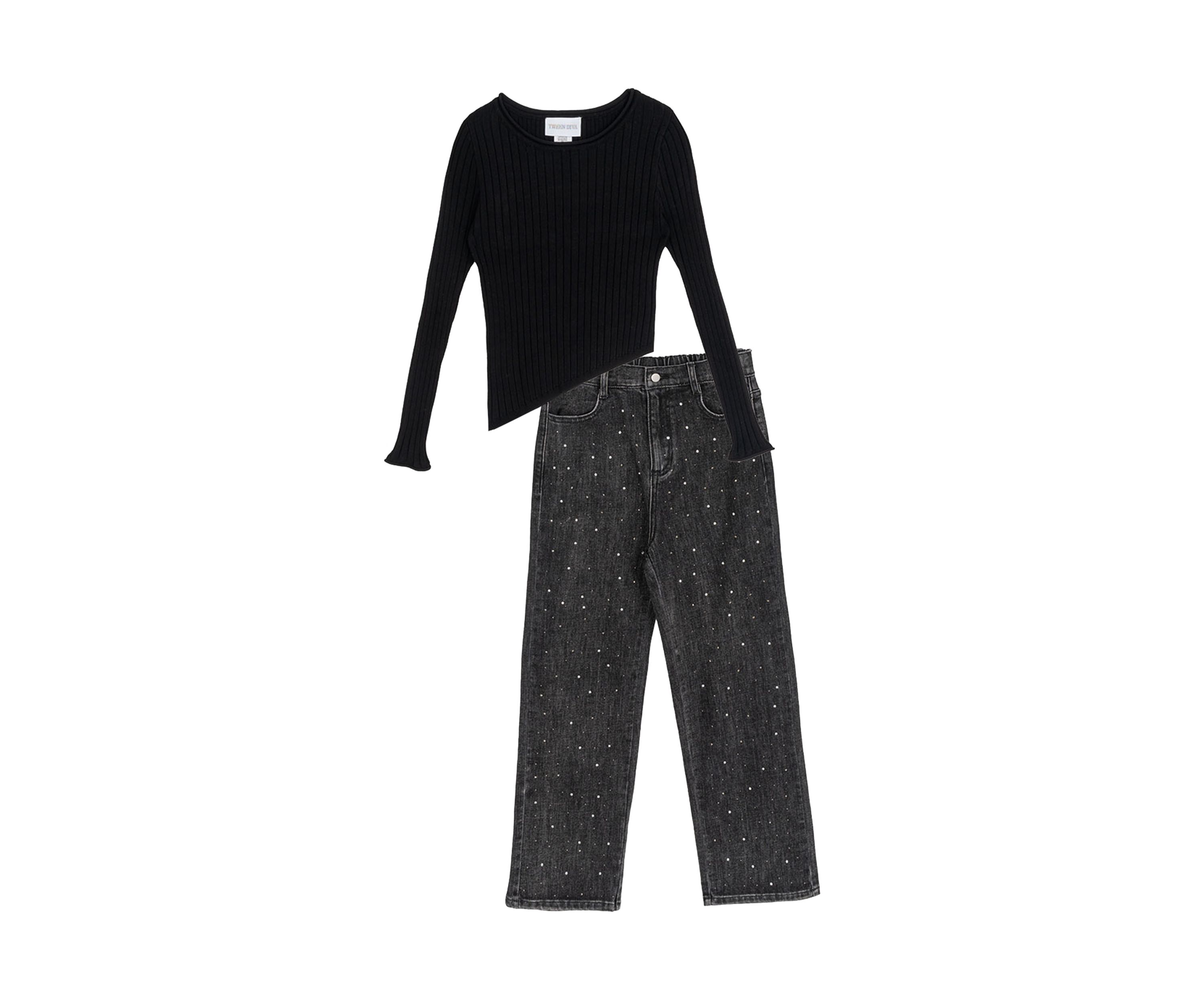 Girls 7-16 Asymmetric Top and Bedazzled Jeans Set
