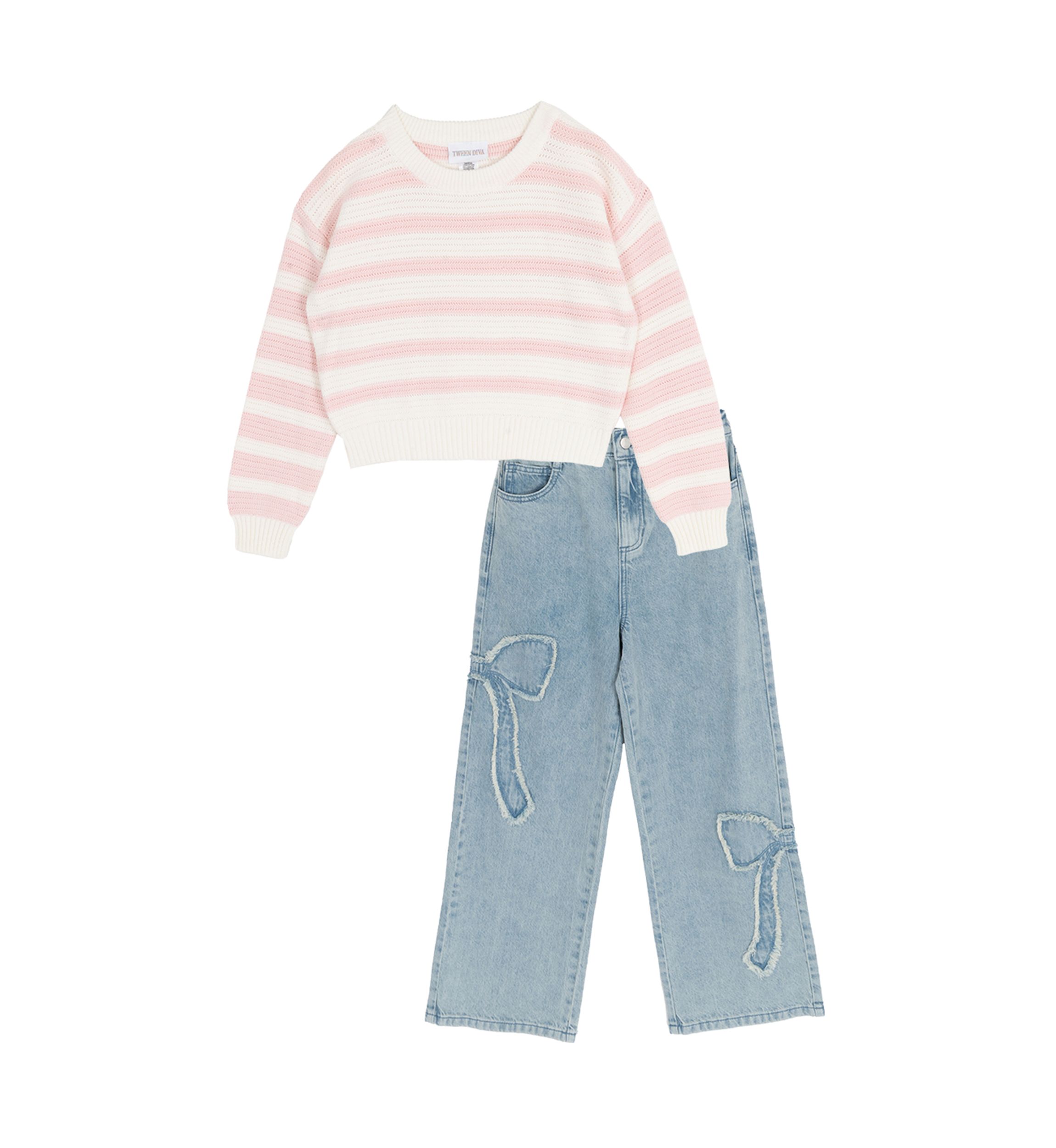 Girls 7-6 Striped Sweater & Bow Jeans Set