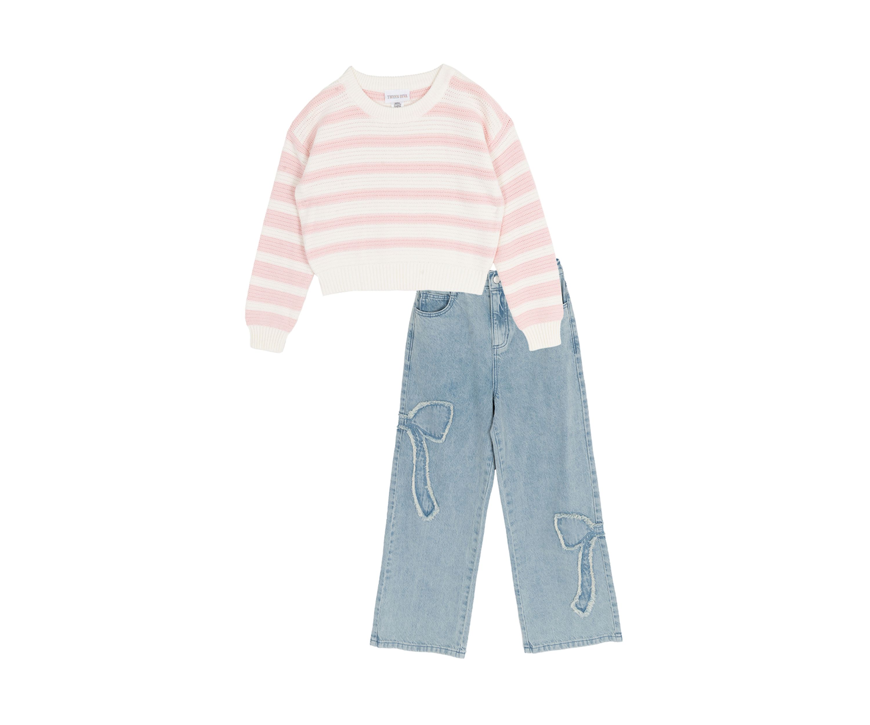 Girls 7-6 Striped Sweater & Bow Jeans Set