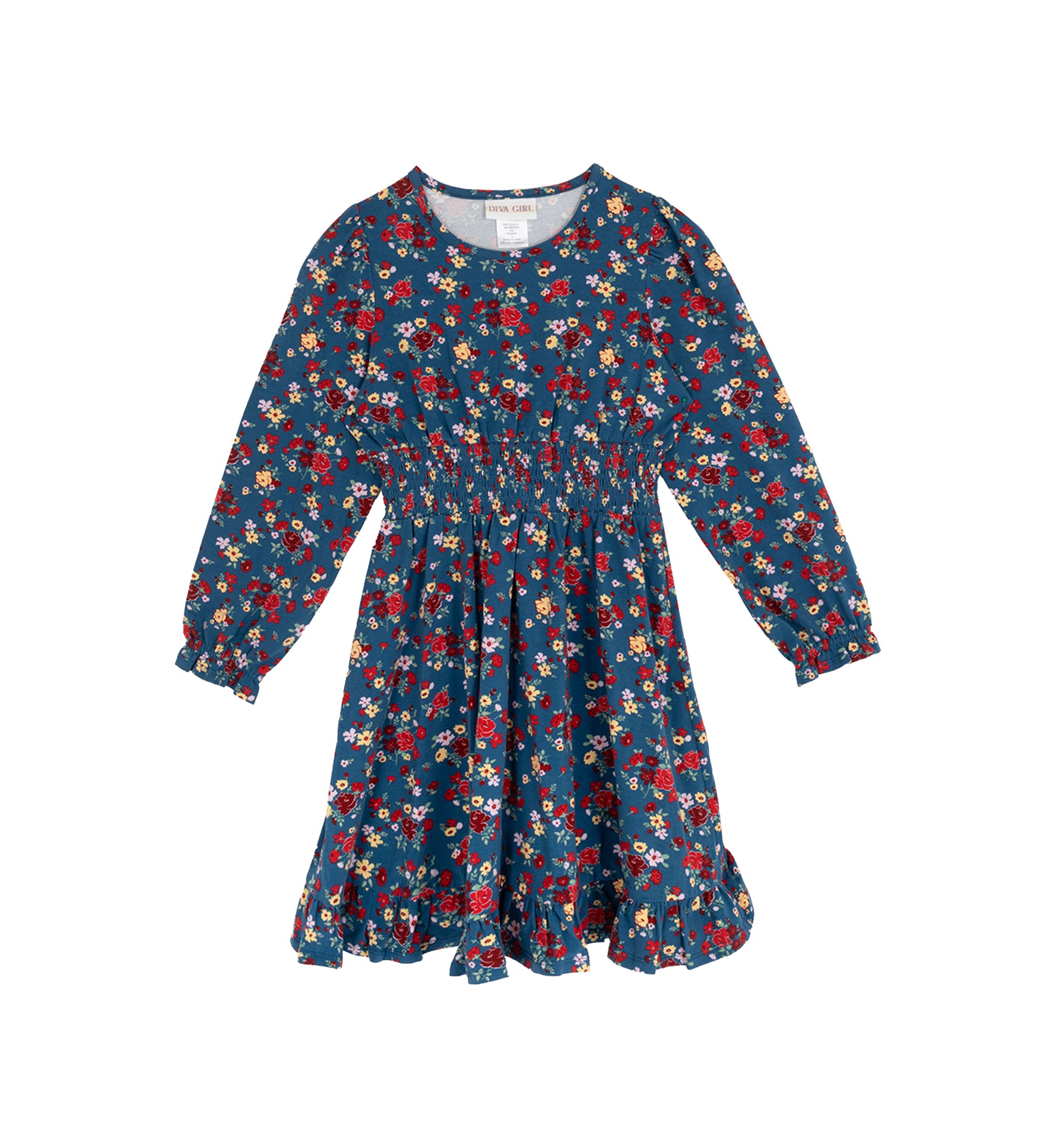 Girls 7-16 Long Sleeve Smock Waist Dress