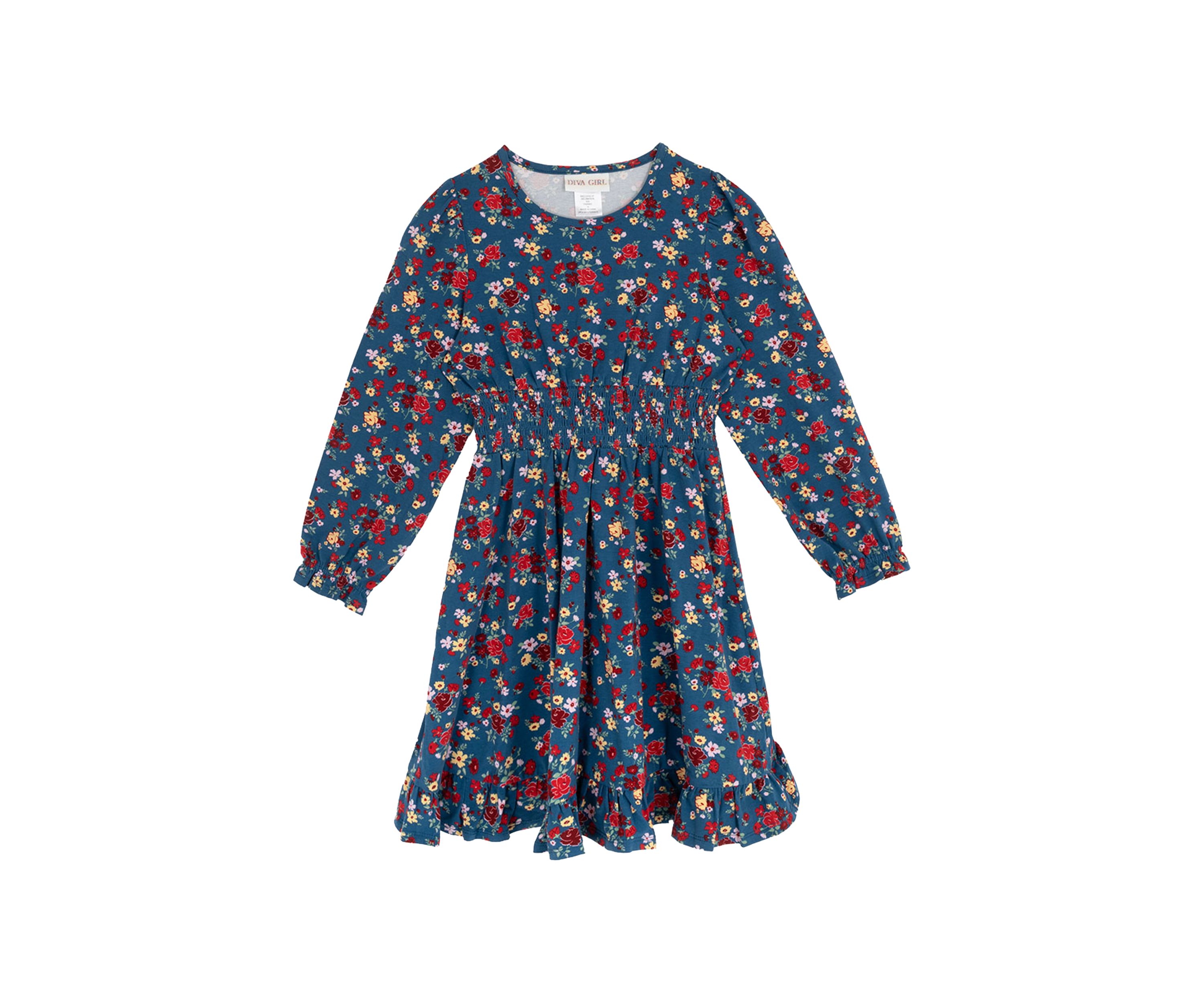 Girls 7-16 Long Sleeve Smock Waist Dress