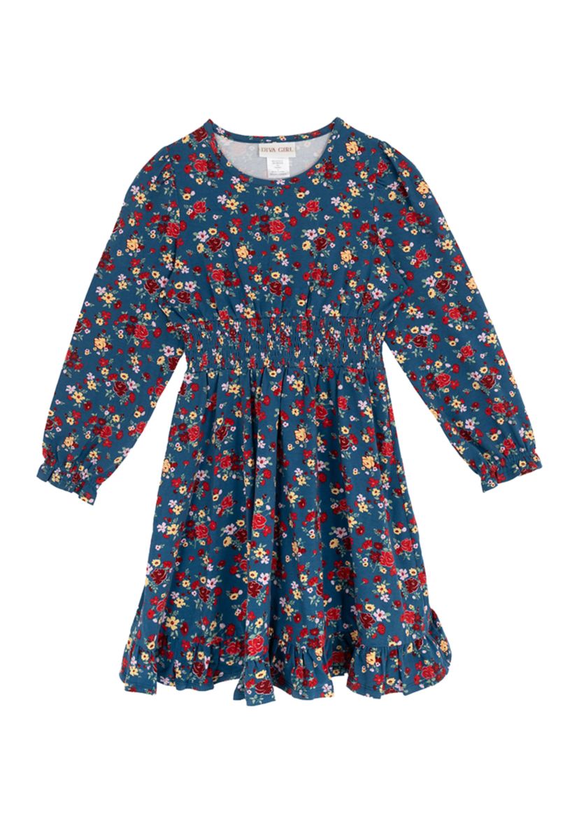 Girls 7-16 Long Sleeve Smock Waist Dress