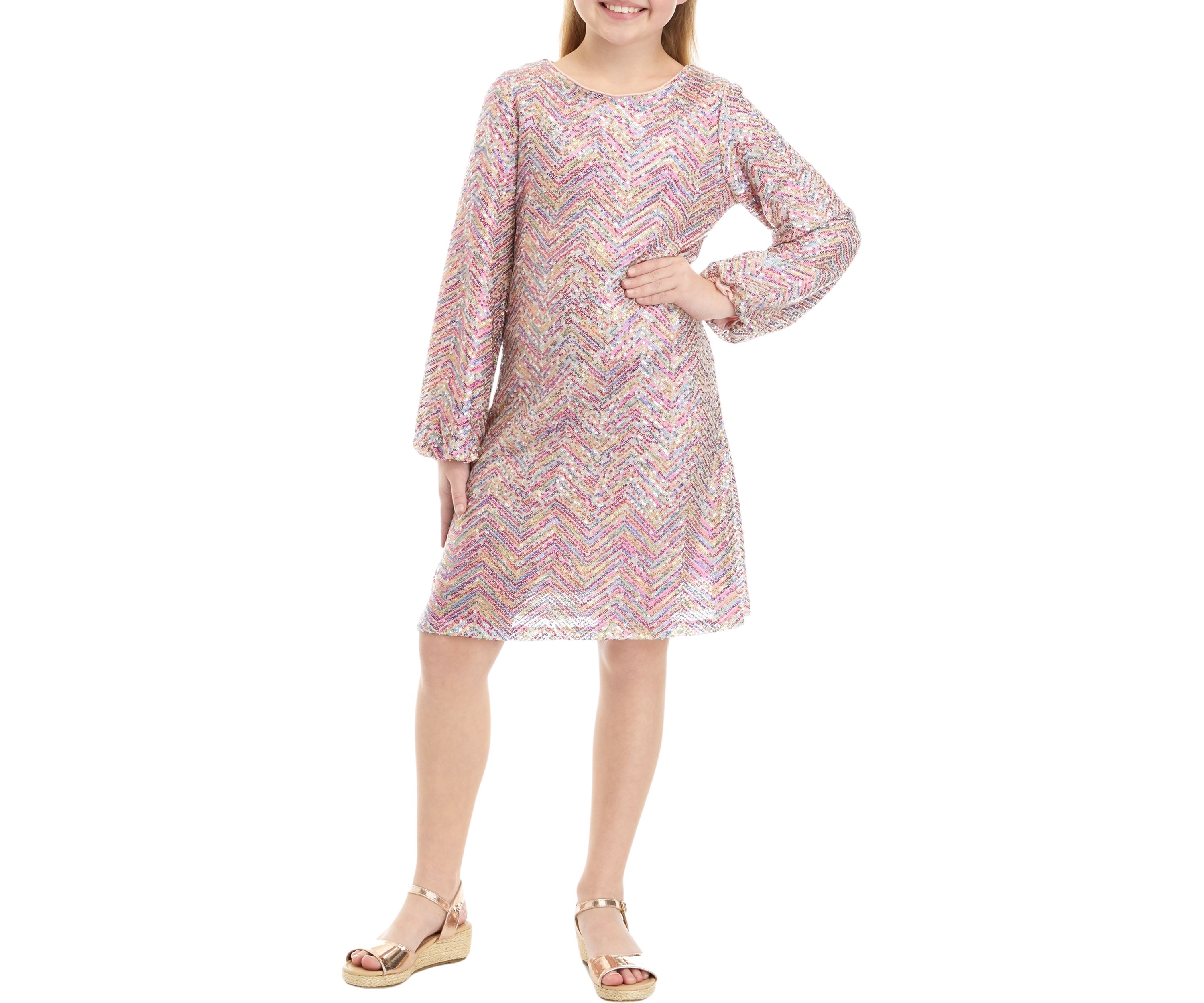 Girls 7-16 Long Sleeve Multicolor Sequin Dress