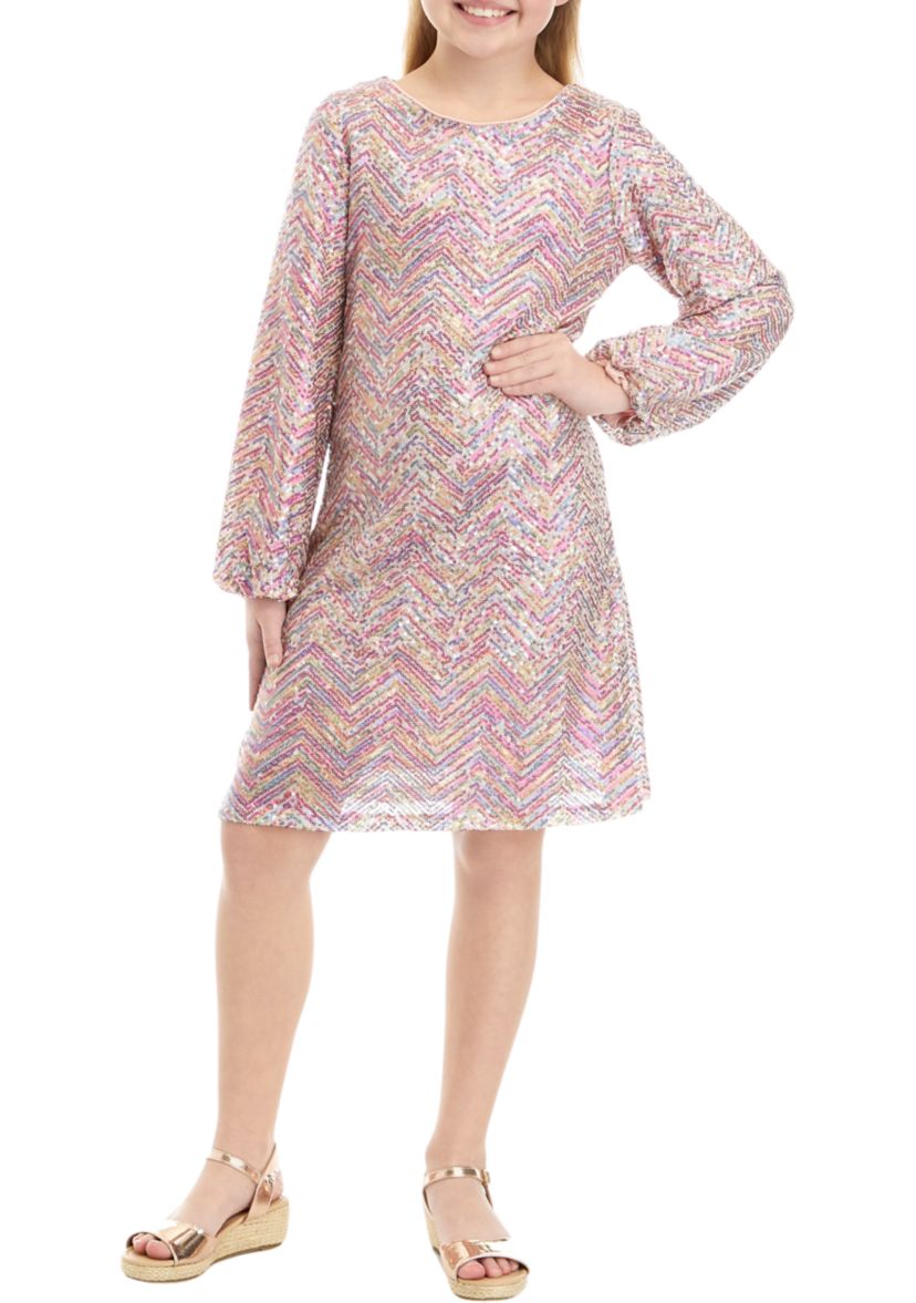 Girls 7-16 Long Sleeve Multicolor Sequin Dress