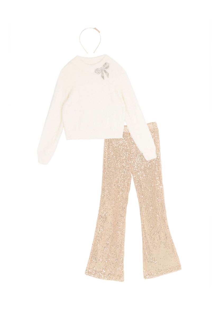 Girls 7-16 Sequin Sweater, Sequin Flare Legging and Headband Set
