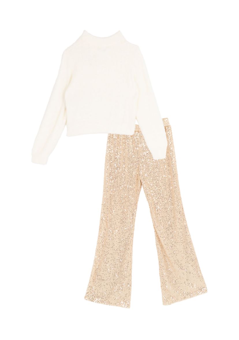 Girls 7-16 Sequin Sweater, Sequin Flare Legging and Headband Set