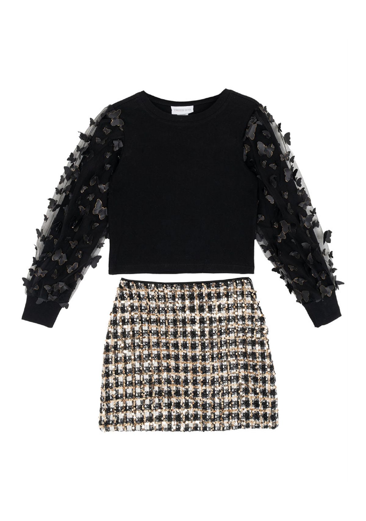 Girls 7-16 Organza Top and Sequin Houndstooth Skirt Set 