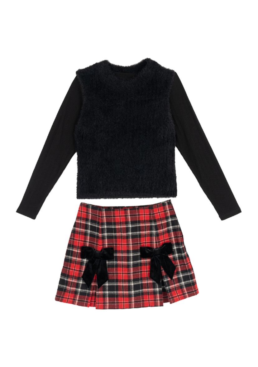Girls 7-16 Fuzzy Sweater and Plaid Skirt Set 