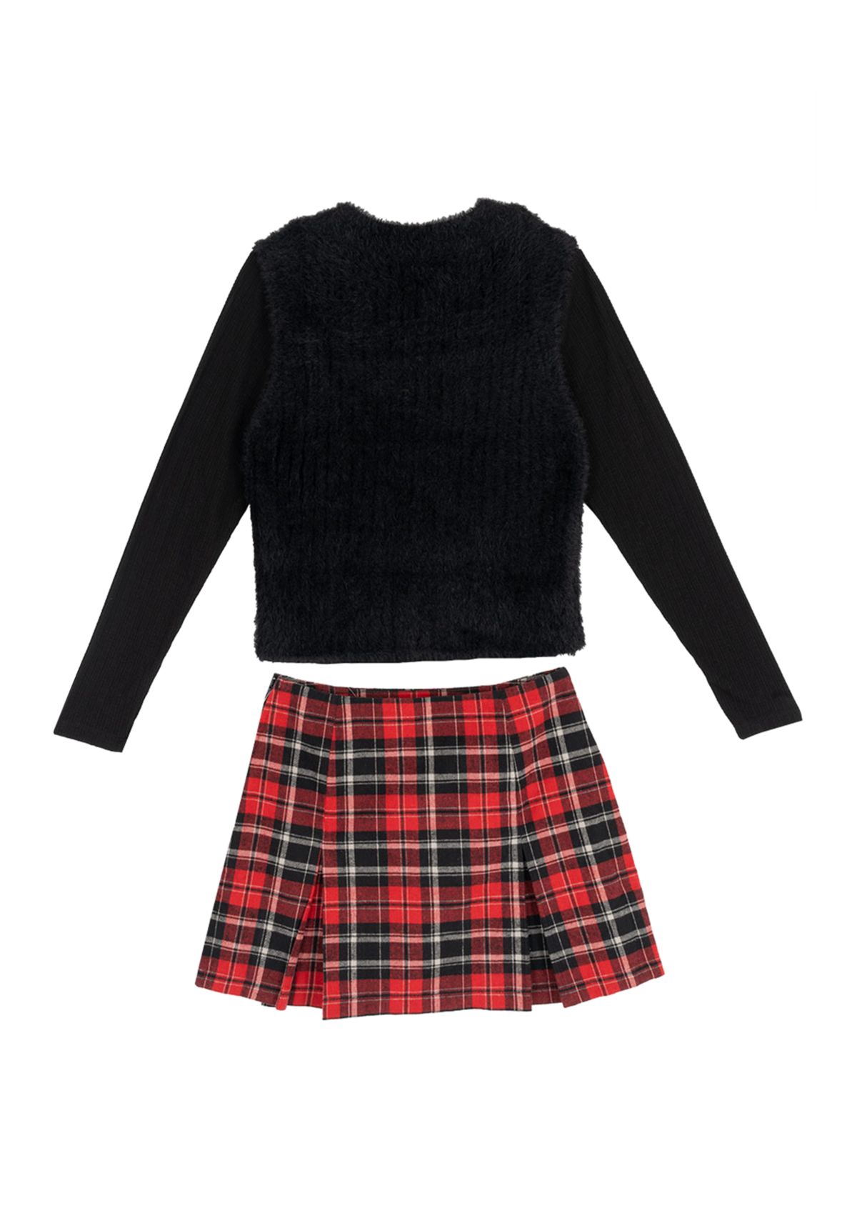 Girls 7-16 Fuzzy Sweater and Plaid Skirt Set 