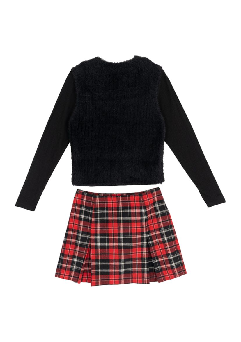 Girls 7-16 Fuzzy Sweater and Plaid Skirt Set 