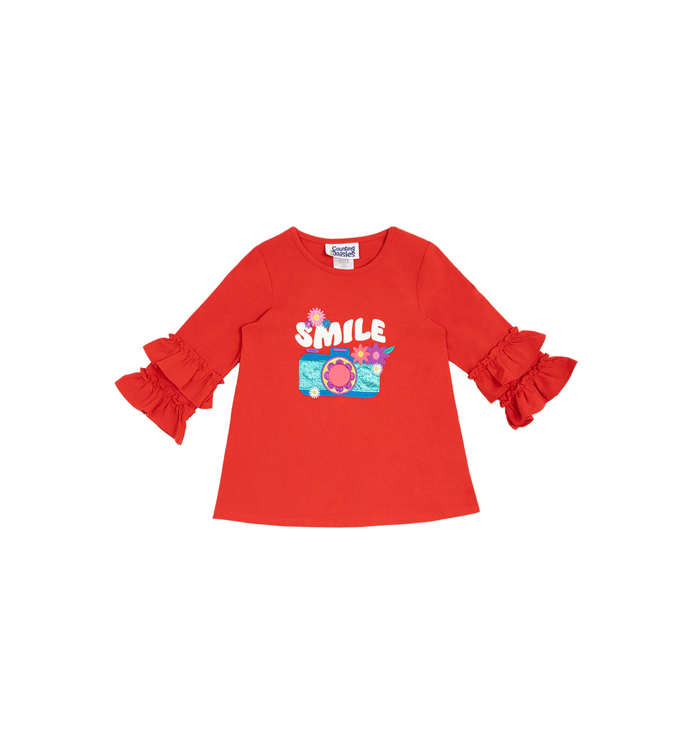 Girls 4-6x Ruffle Sleeve Smile Camera Top 
