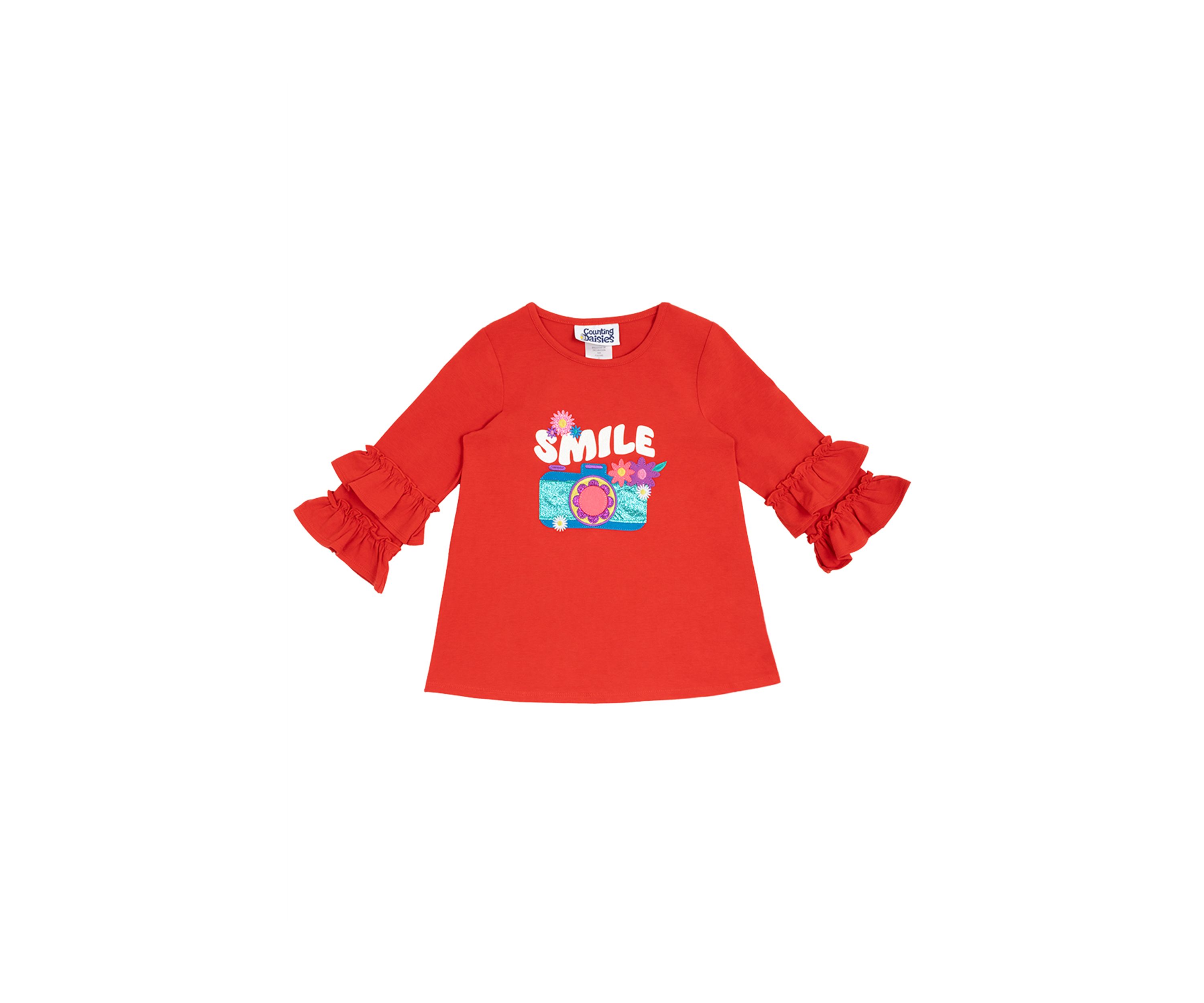 Girls 4-6x Ruffle Sleeve Smile Camera Top 