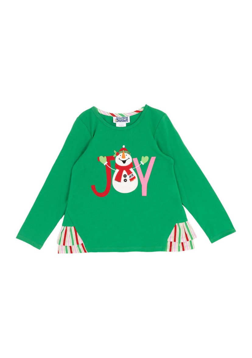 Girls 4-6x Long Sleeve Snowman Joy Graphic T-Shirt with Side Ruffle