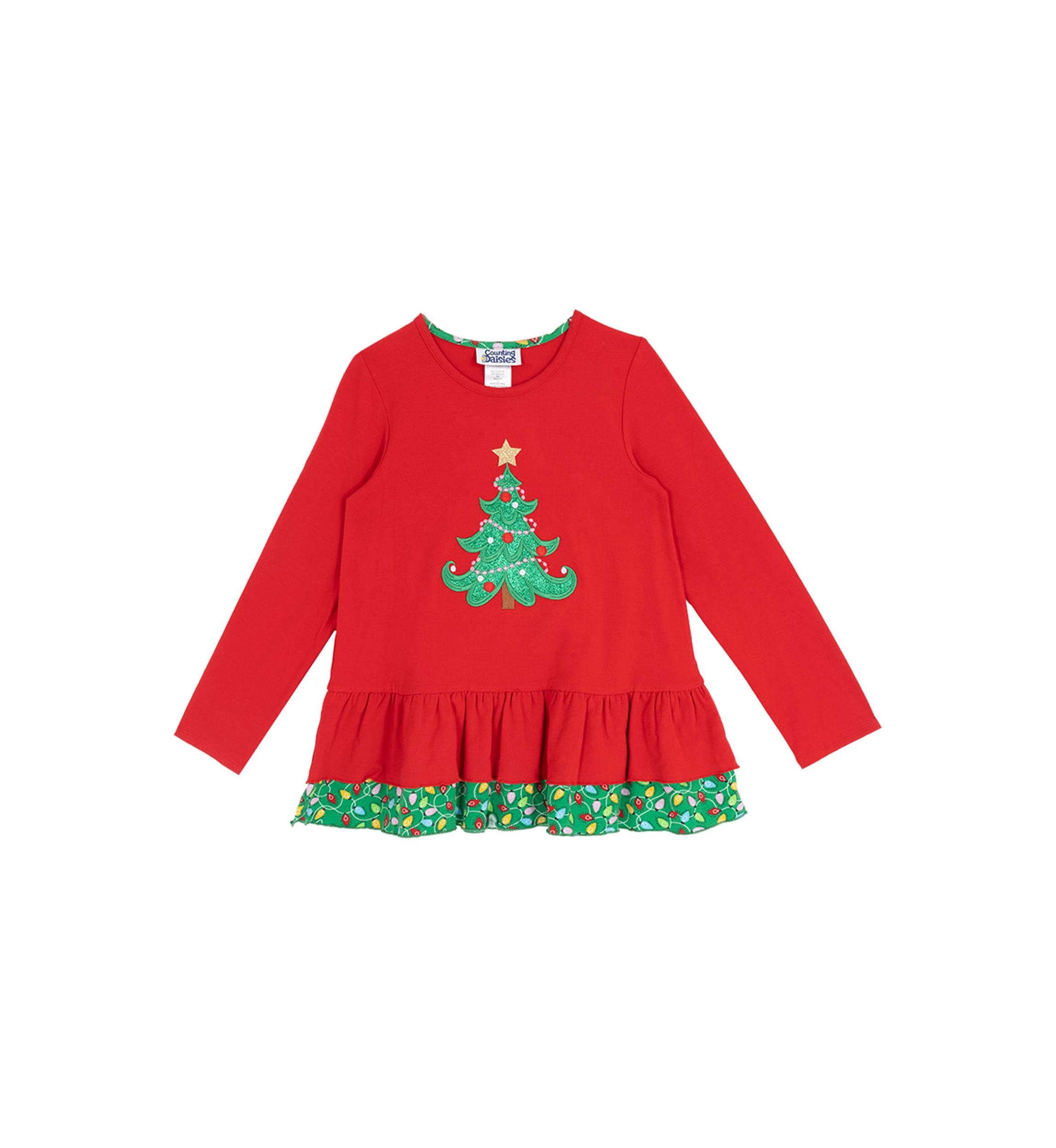 Girls 7-16 Red Tree Ruffle Hem Top