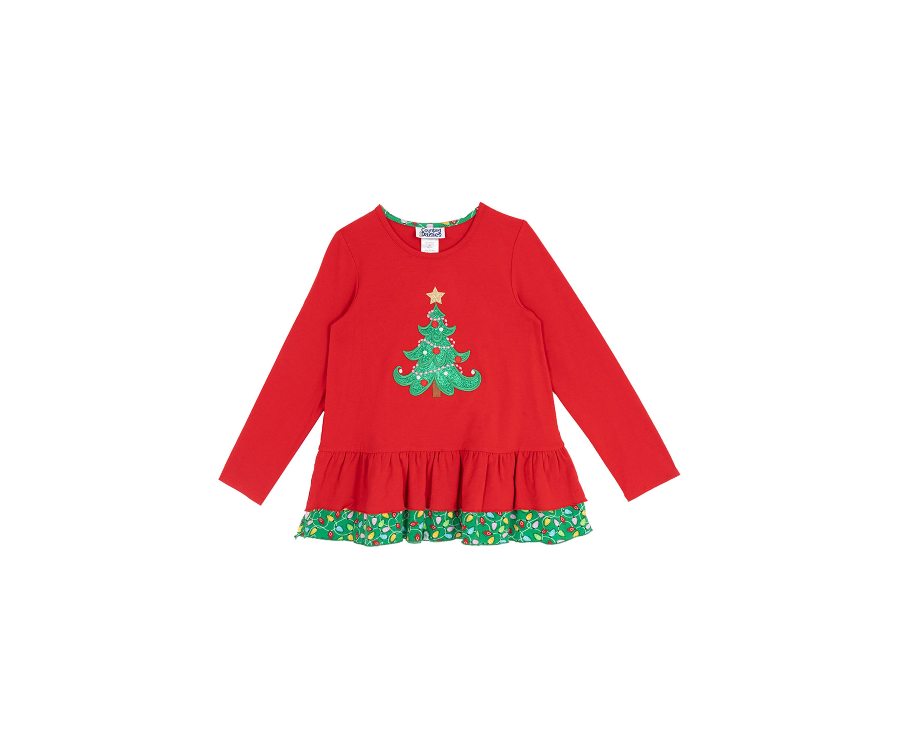 Girls 7-16 Red Tree Ruffle Hem Top