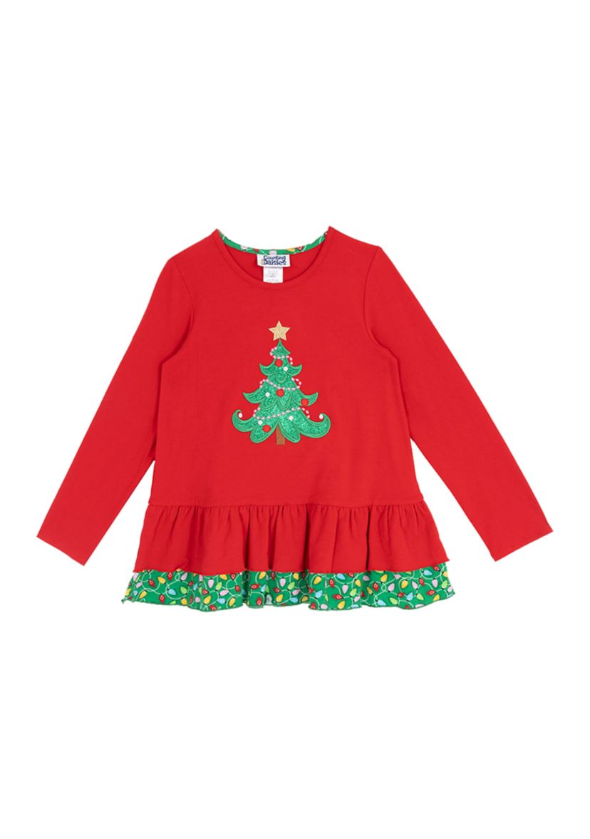 Girls 7-16 Red Tree Ruffle Hem Top
