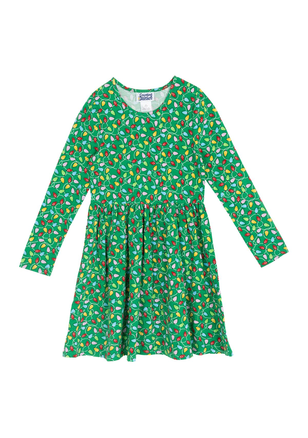 Girl 7-16  Long Sleeve Christmas Lights Print Dress 