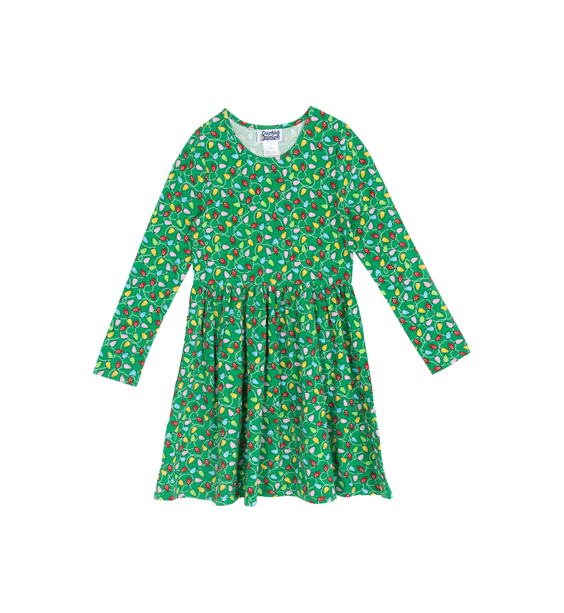 Girl 7-16  Long Sleeve Christmas Lights Print Dress 