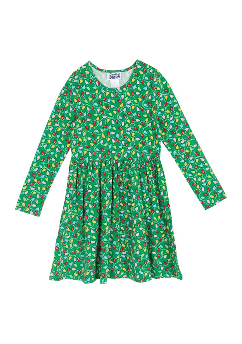 Girl 7-16  Long Sleeve Christmas Lights Print Dress 