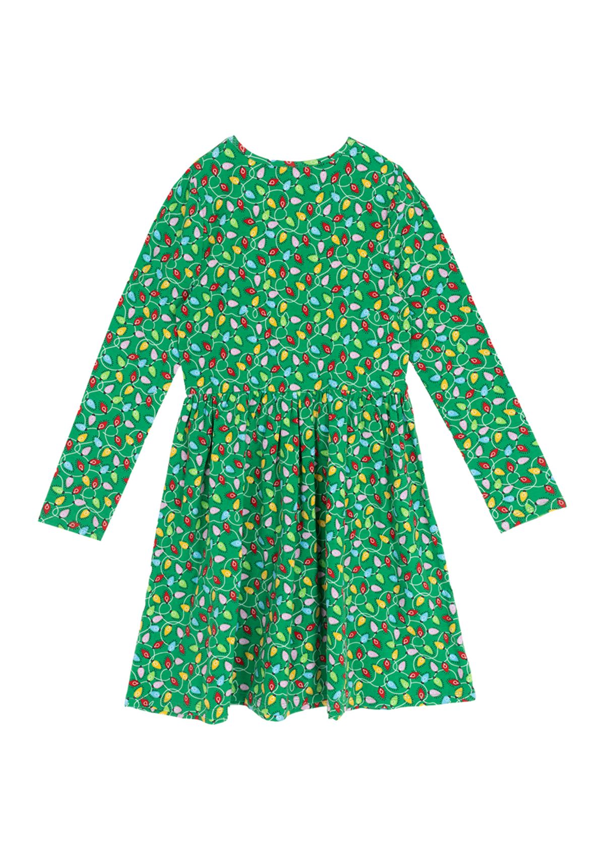 Girl 7-16  Long Sleeve Christmas Lights Print Dress 