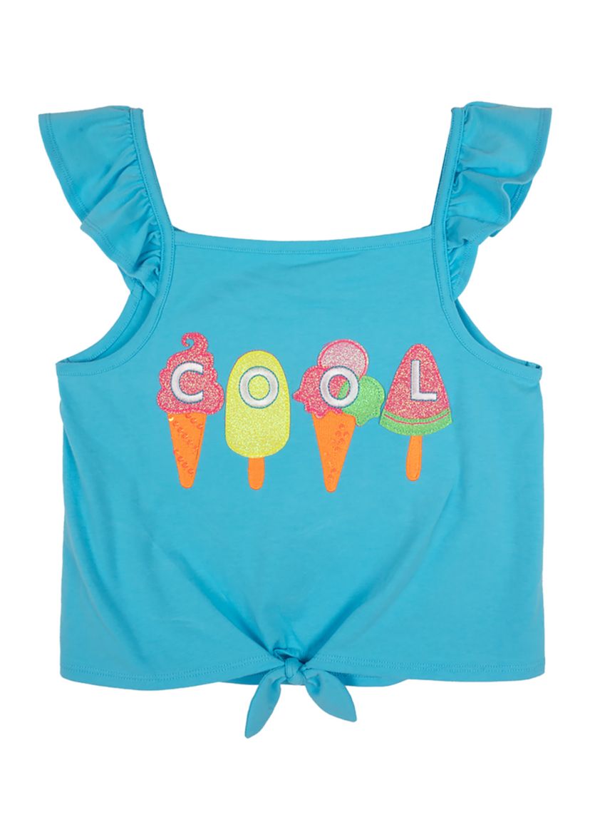 Girls 7-16 Solid Knit Tie Front Top with Appliqué