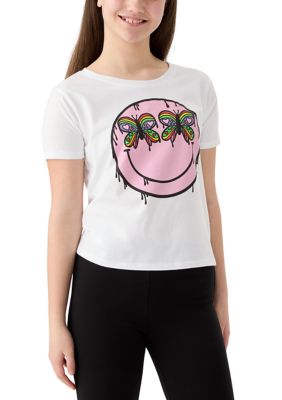 Prince Peter Girls 7-16 Butterfly Smiley Face Graphic T-Shirt, White, 12 - 14