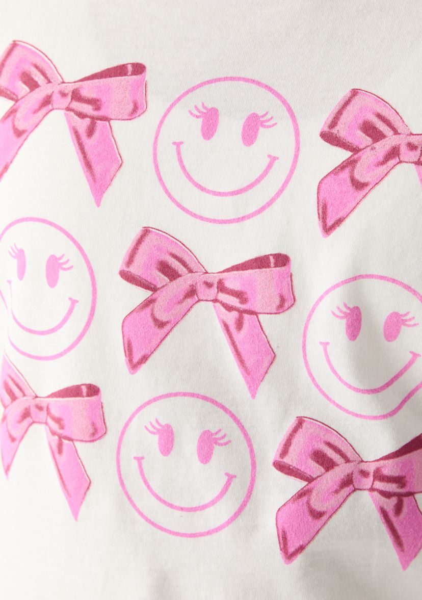 Girl 7-16 Happy Face Pink Bow Graphic T-Shirt 