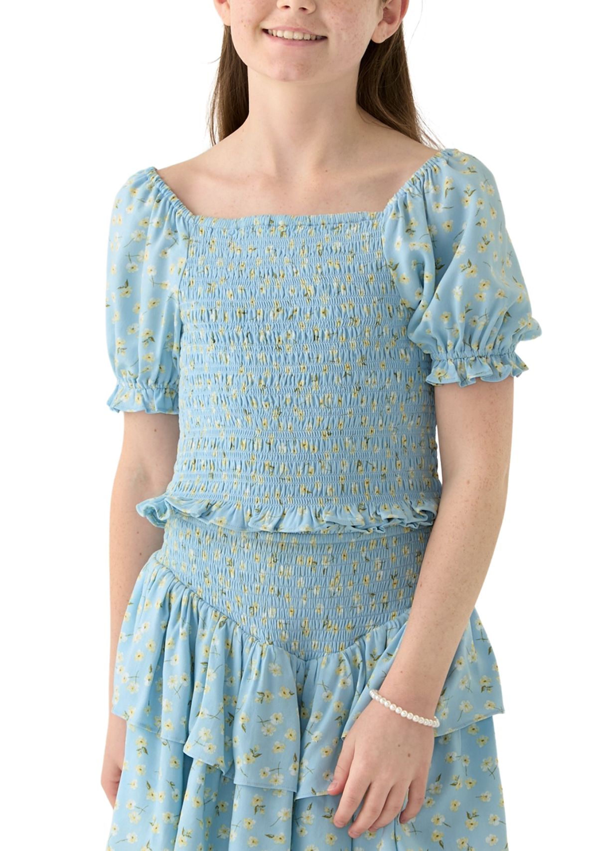 Girls 7-16 Blue Printed Smocked Top