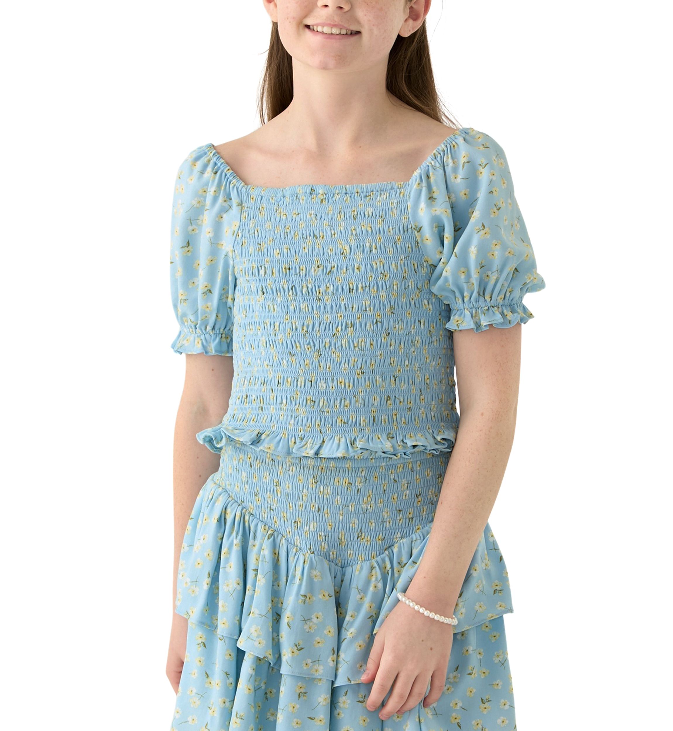 Girls 7-16 Blue Printed Smocked Top
