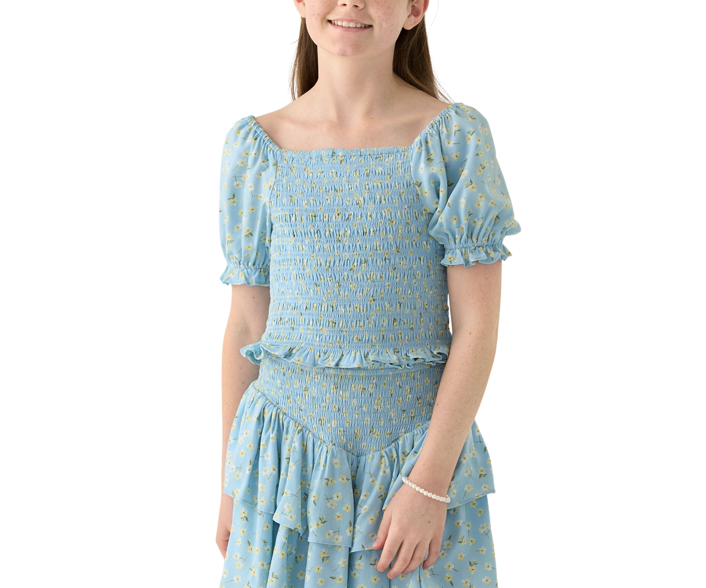 Girls 7-16 Blue Printed Smocked Top