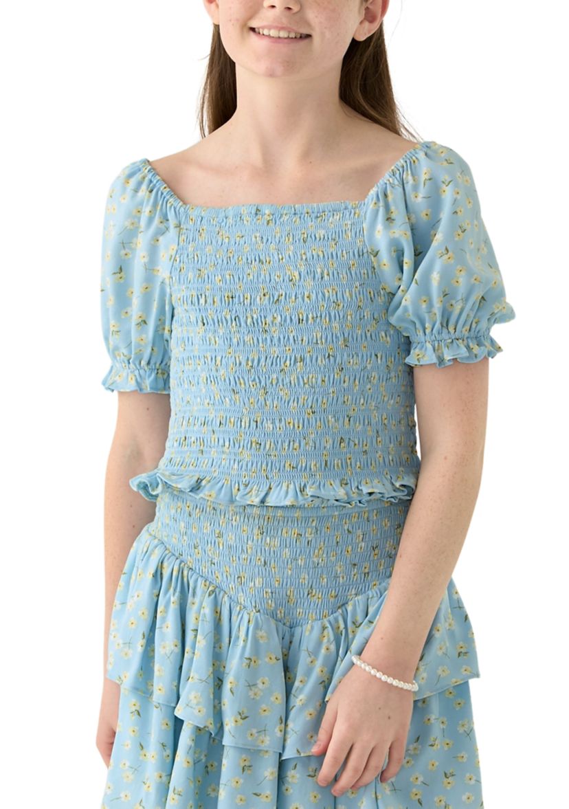 Girls 7-16 Blue Printed Smocked Top