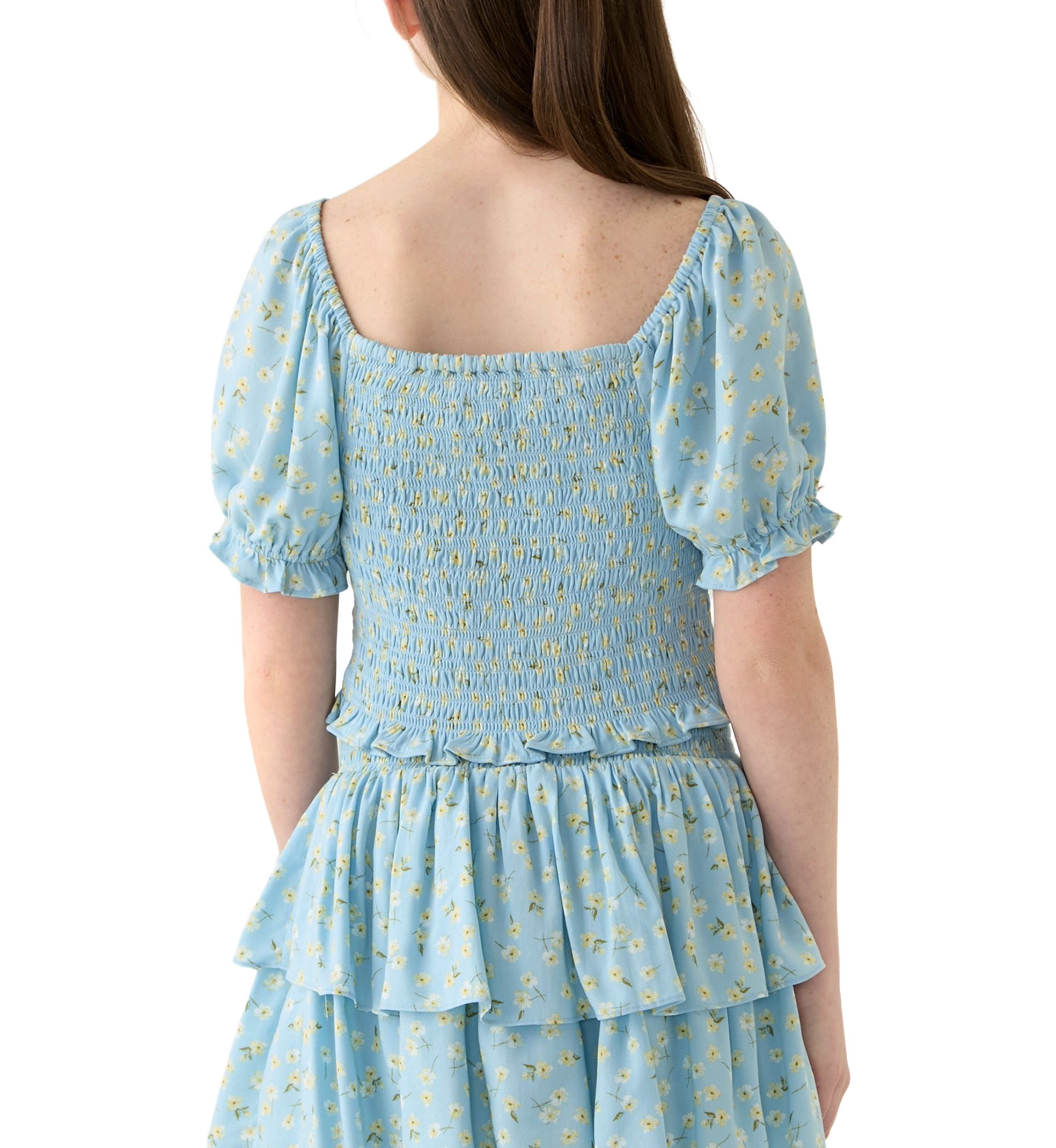 Girls 7-16 Blue Printed Smocked Top