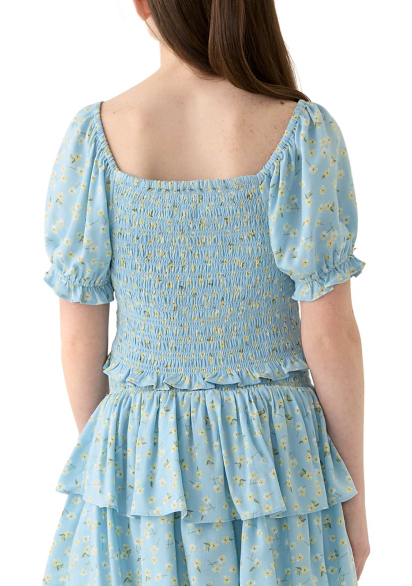 Girls 7-16 Blue Printed Smocked Top