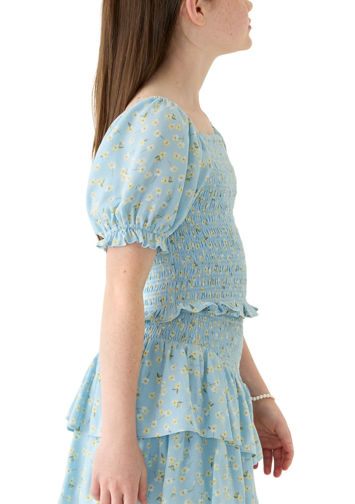 Girls 7-16 Blue Printed Smocked Top