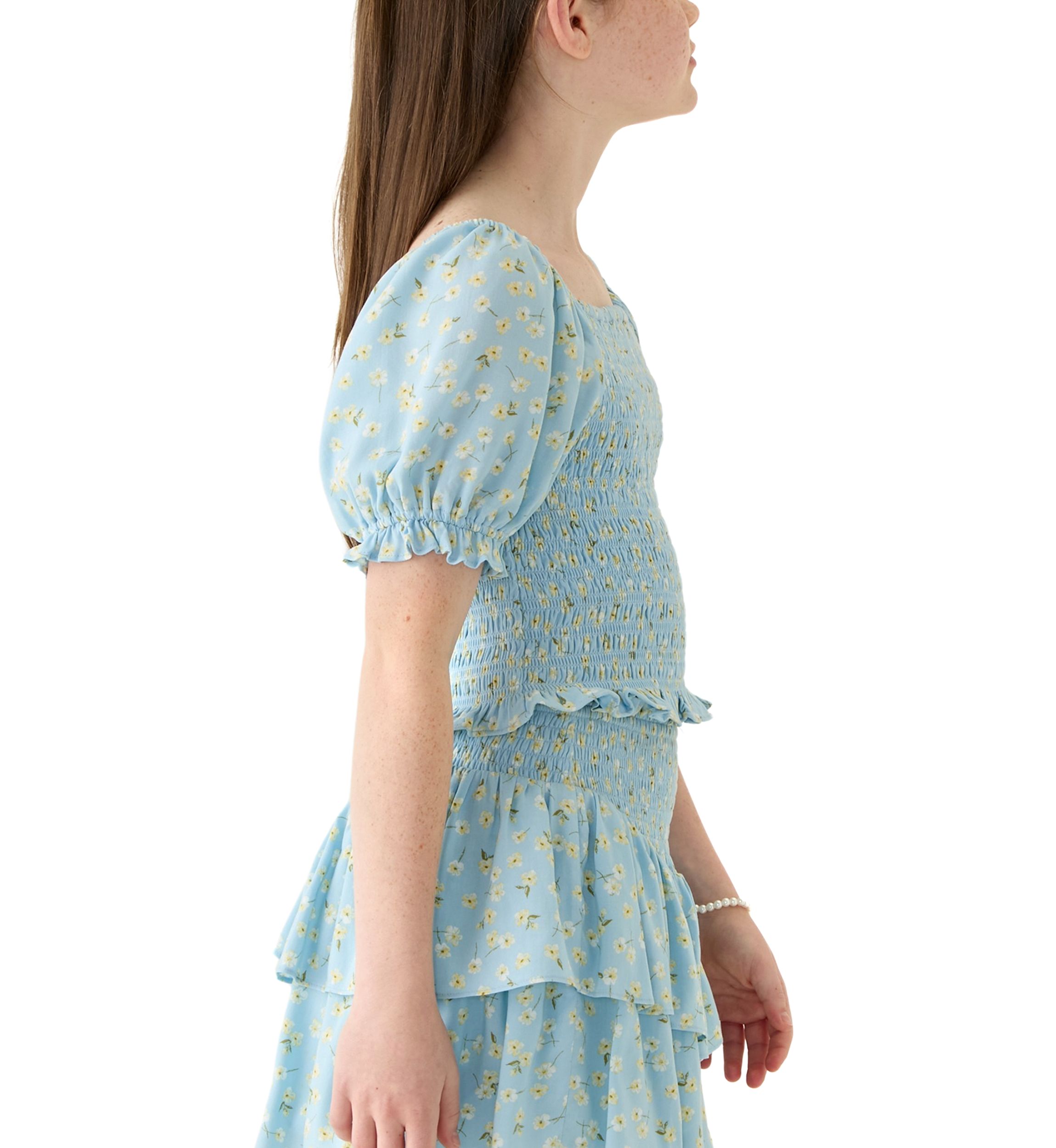 Girls 7-16 Blue Printed Smocked Top