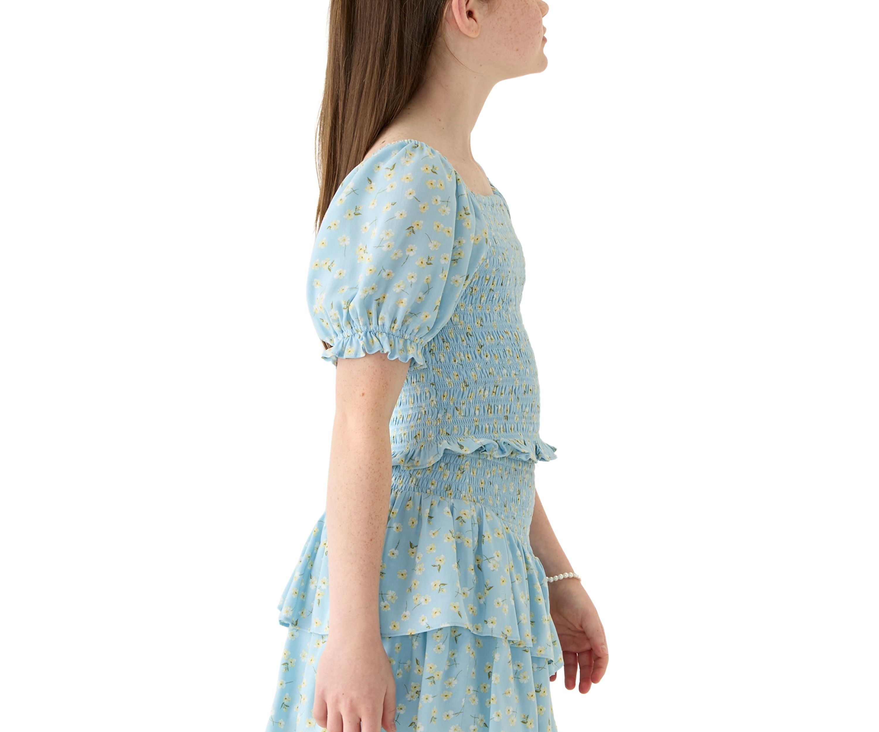 Girls 7-16 Blue Printed Smocked Top