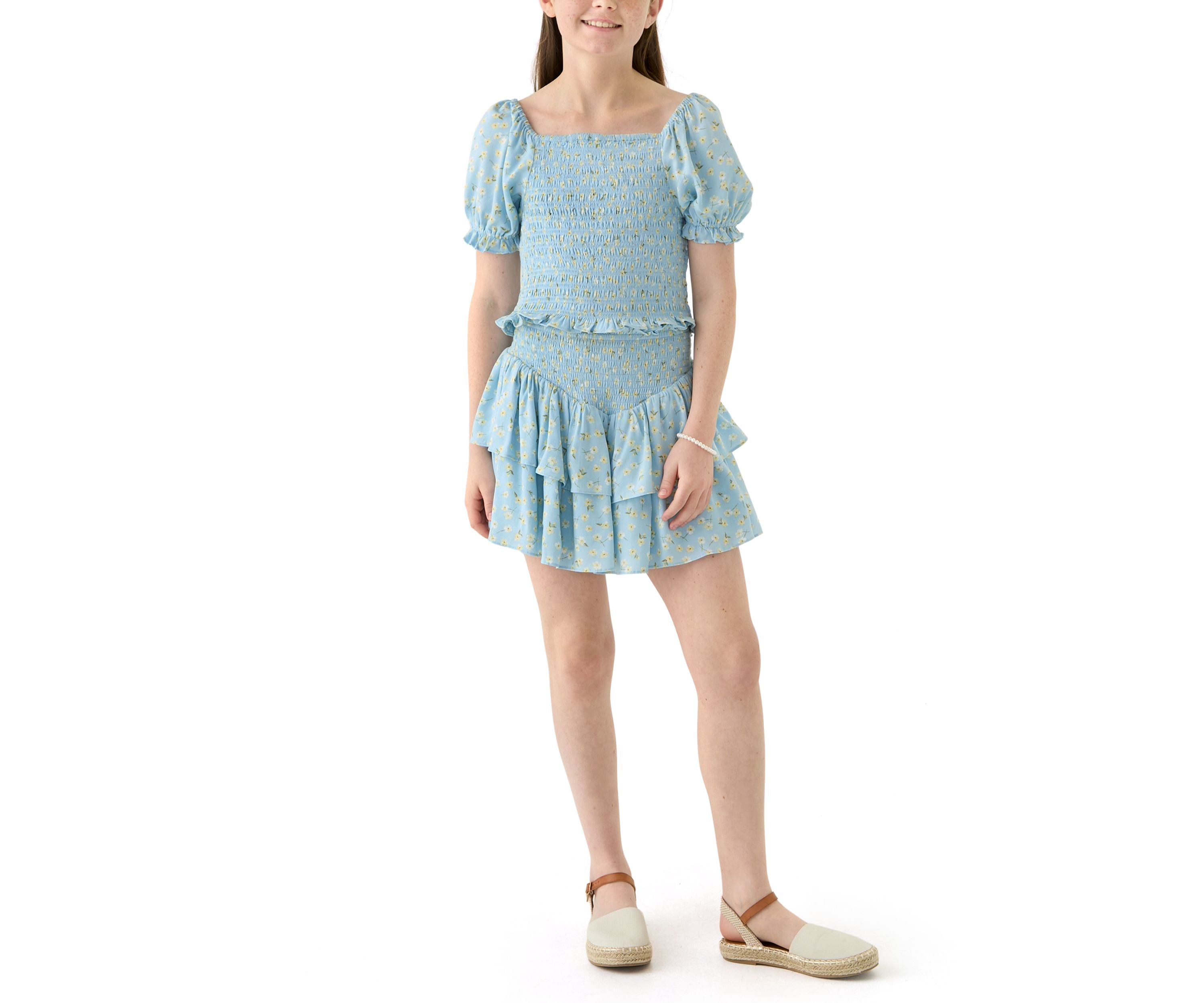 Girls 7-16 Blue Printed Smocked Top