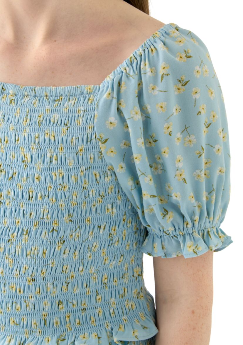 Girls 7-16 Blue Printed Smocked Top