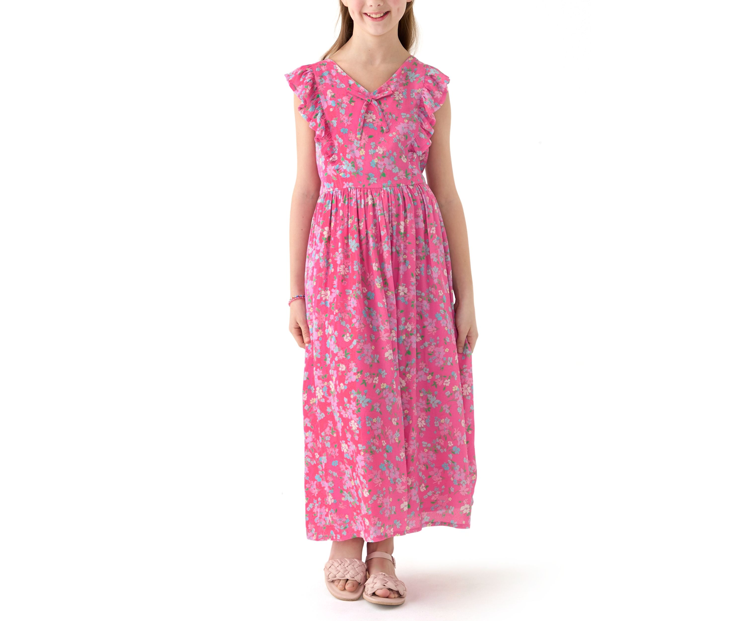 Girls 7-16 Pink V-Neck Printed Dress