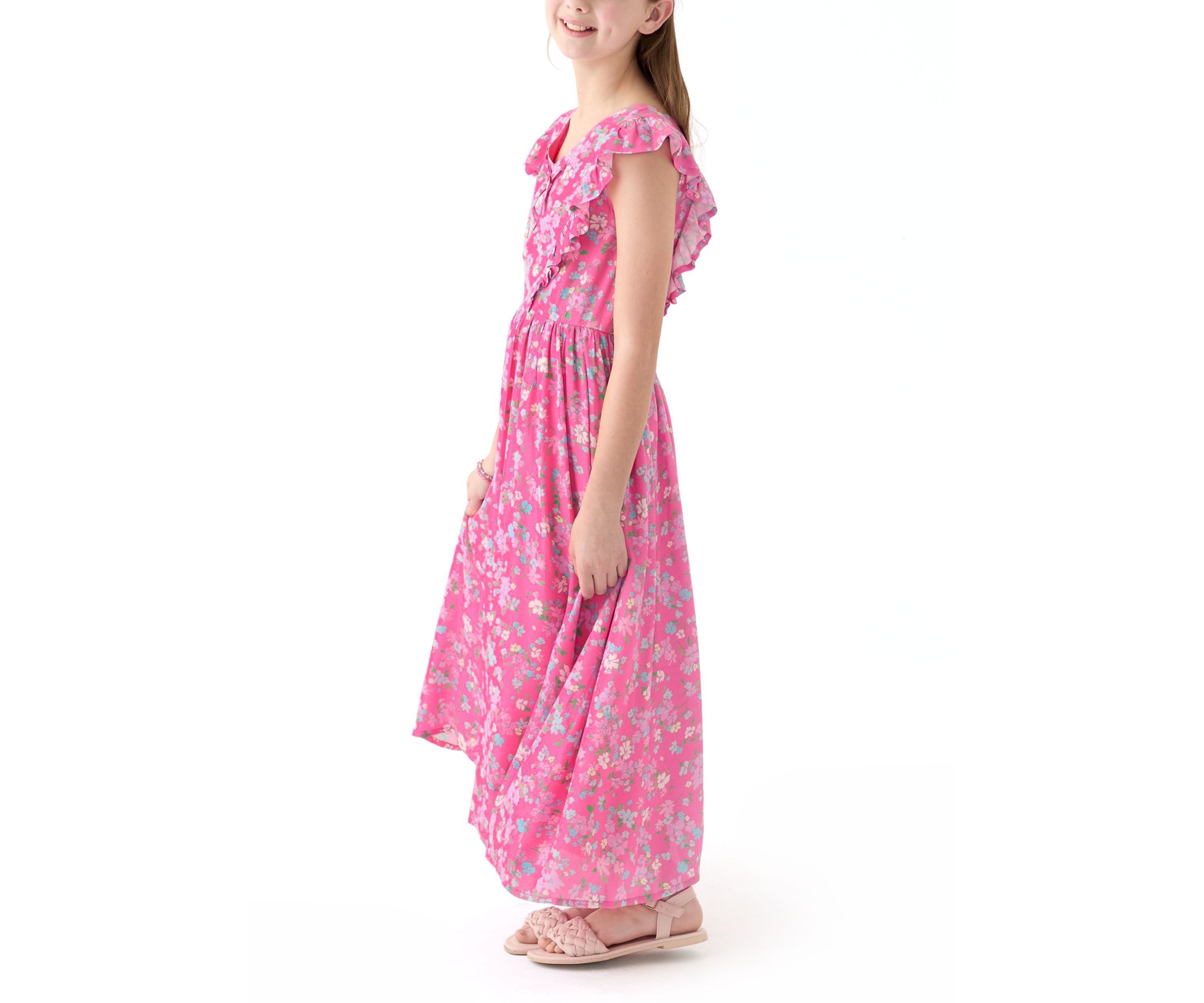 Girls 7-16 Pink V-Neck Printed Dress