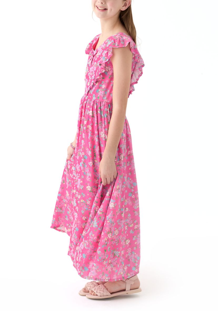 Girls 7-16 Pink V-Neck Printed Dress