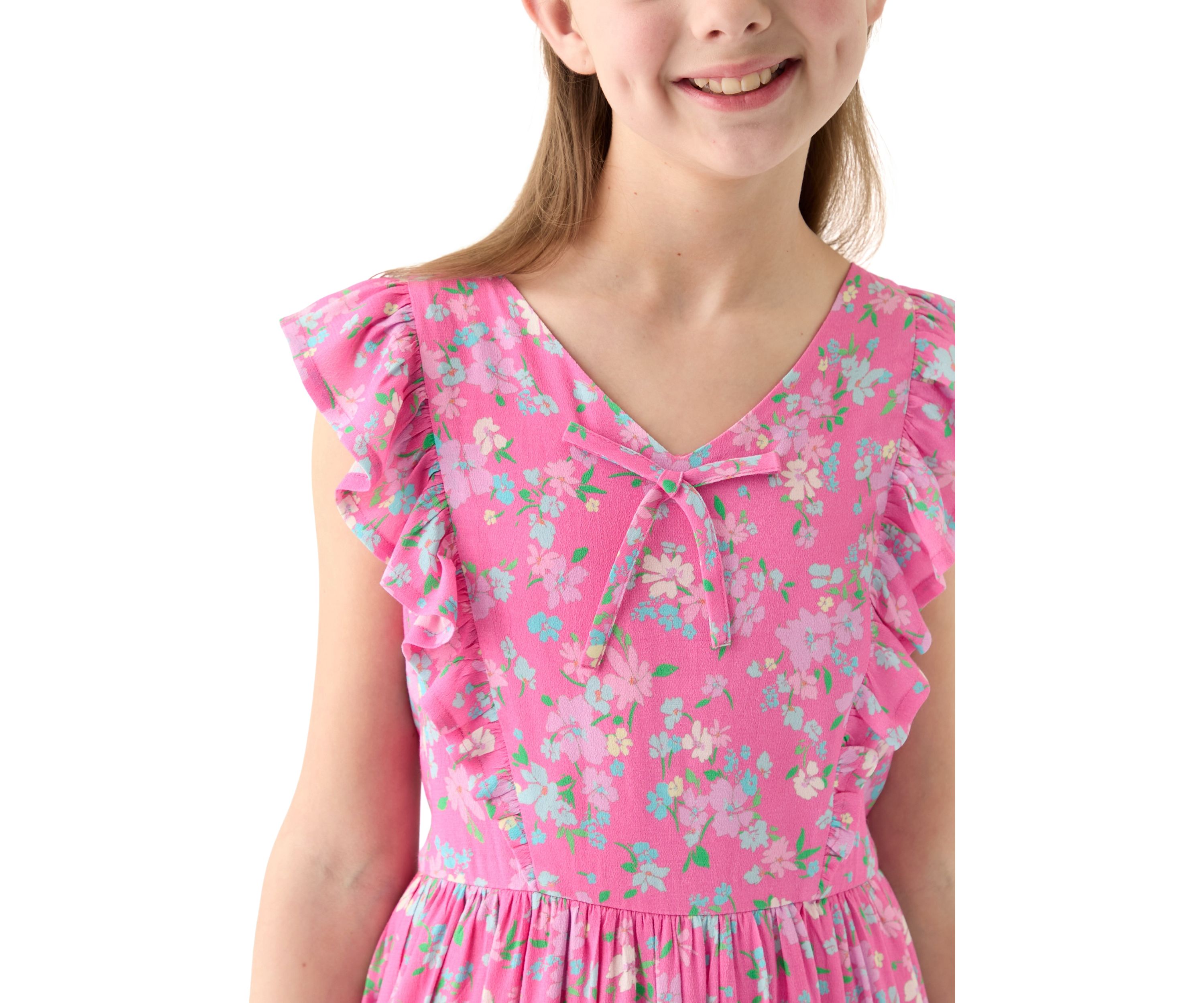 Girls 7-16 Pink V-Neck Printed Dress