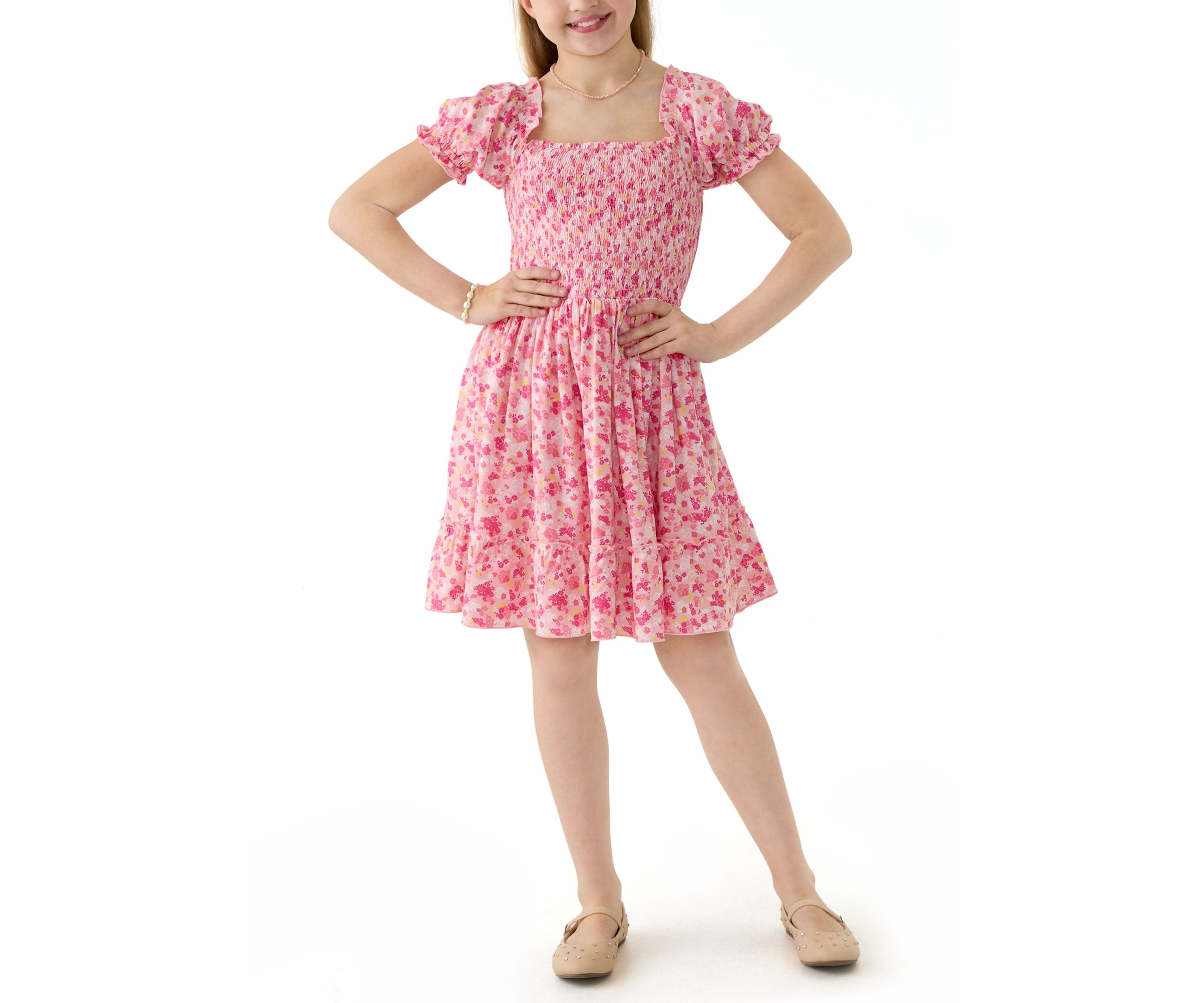 Girls 7-16 Pink Smocked Printed Dress 