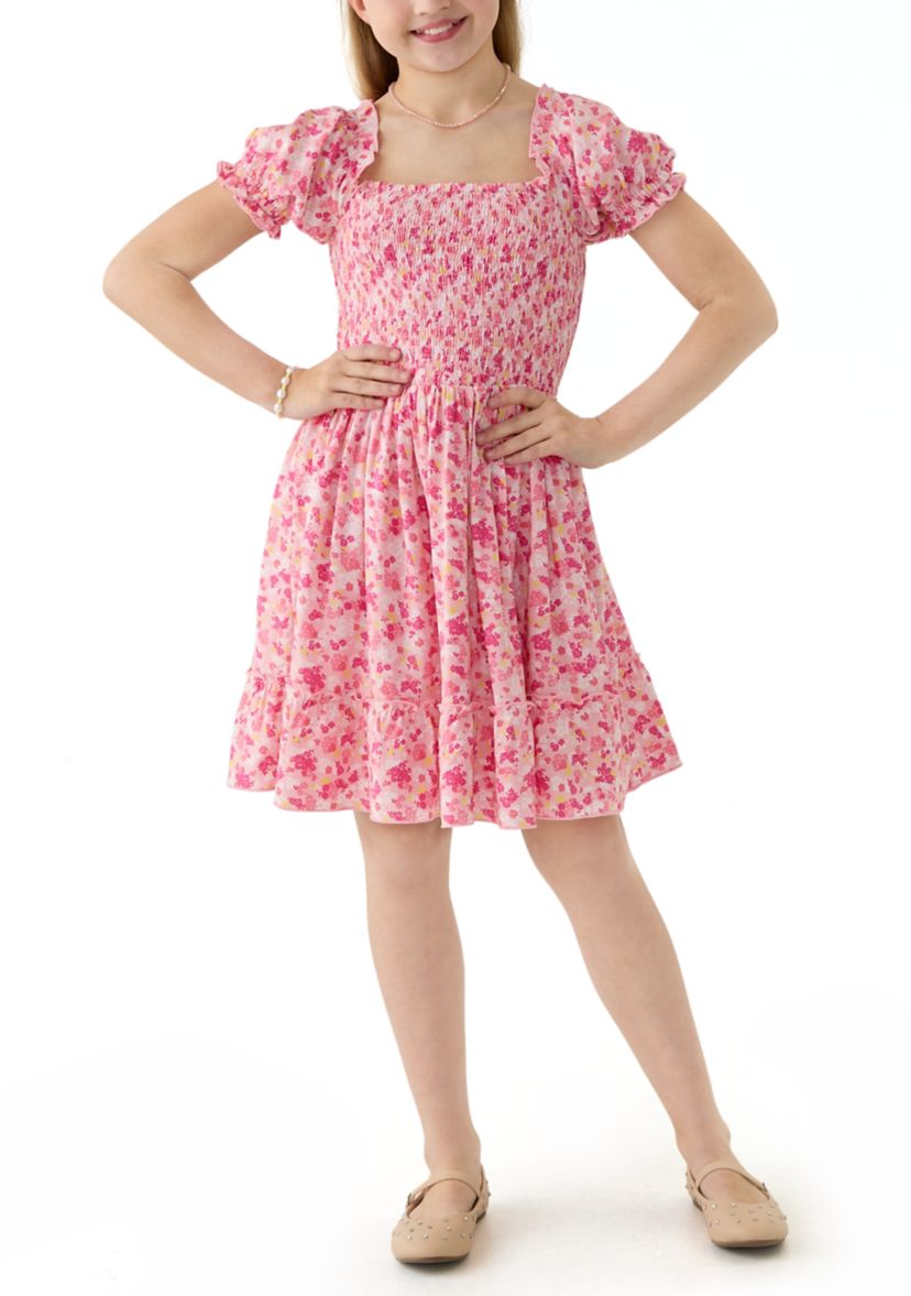 Girls 7-16 Pink Smocked Printed Dress 