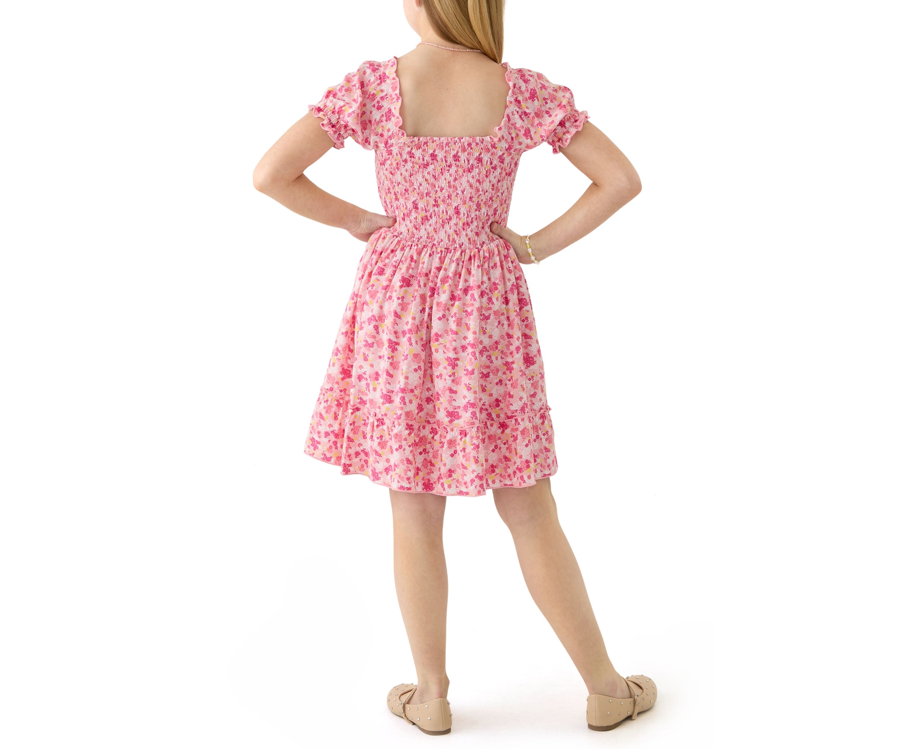 Girls 7-16 Pink Smocked Printed Dress 