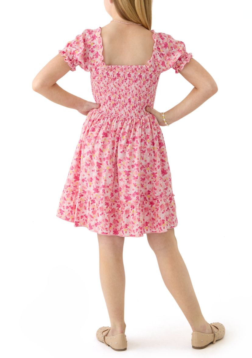 Girls 7-16 Pink Smocked Printed Dress 