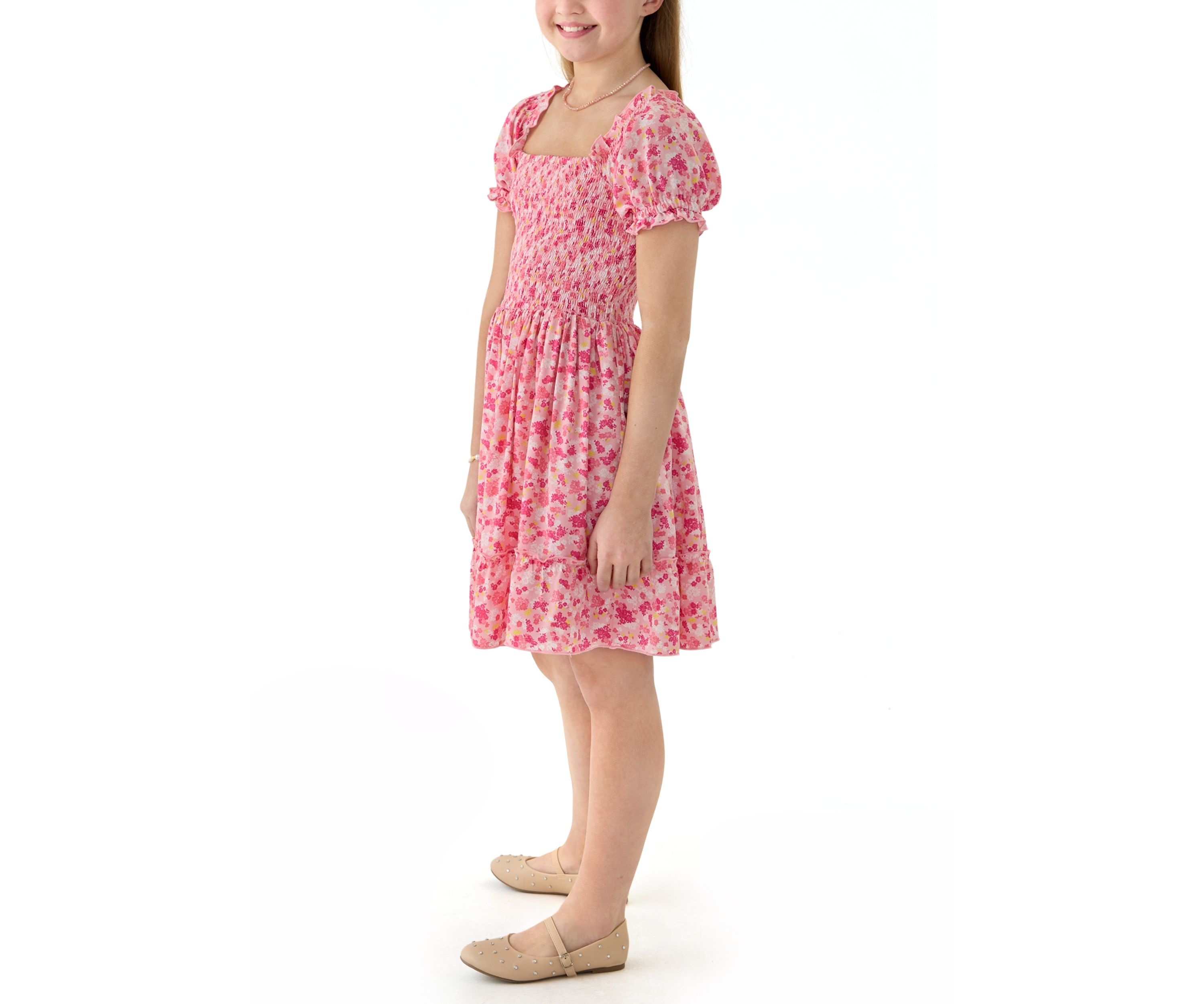 Girls 7-16 Pink Smocked Printed Dress 