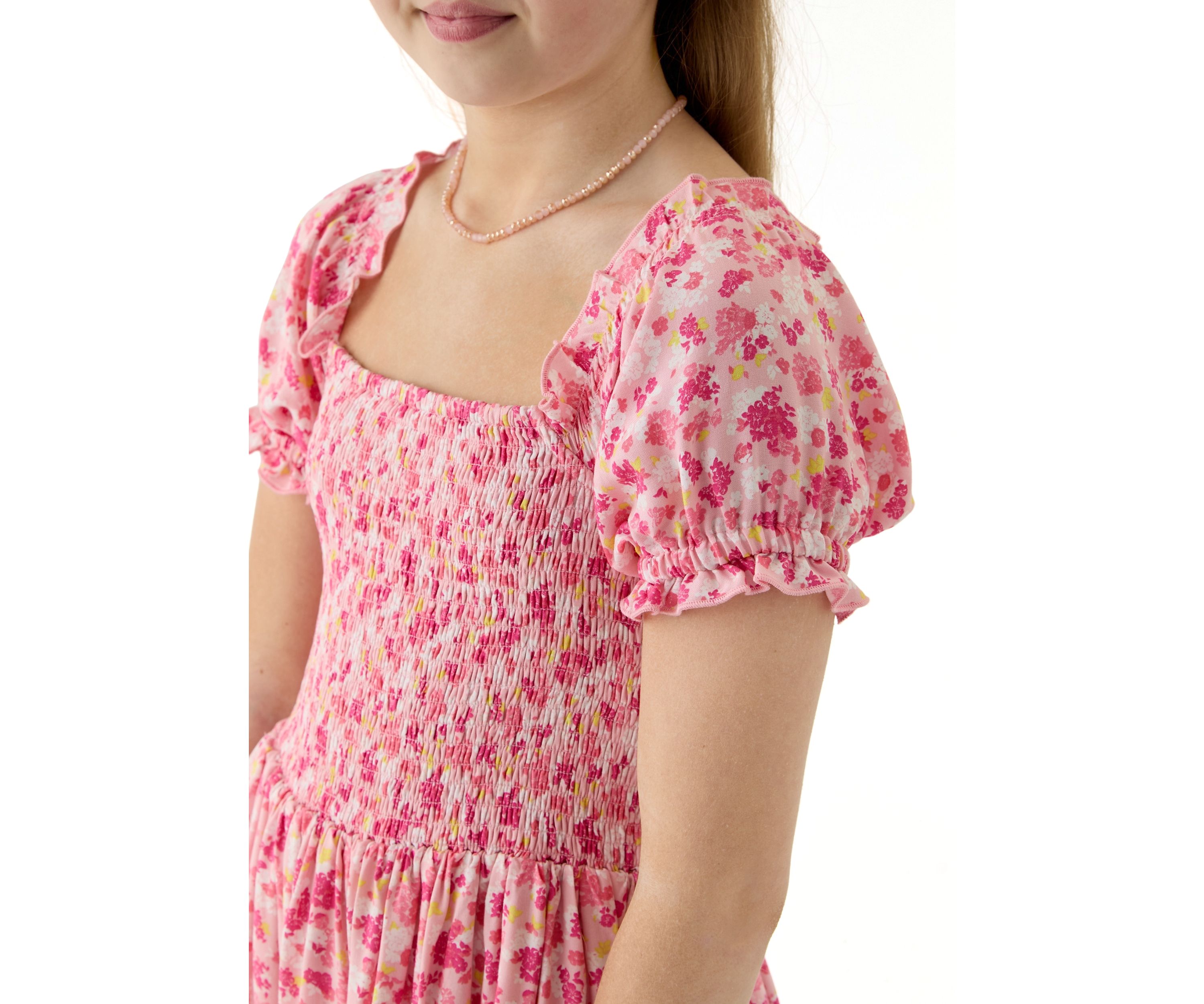 Girls 7-16 Pink Smocked Printed Dress 